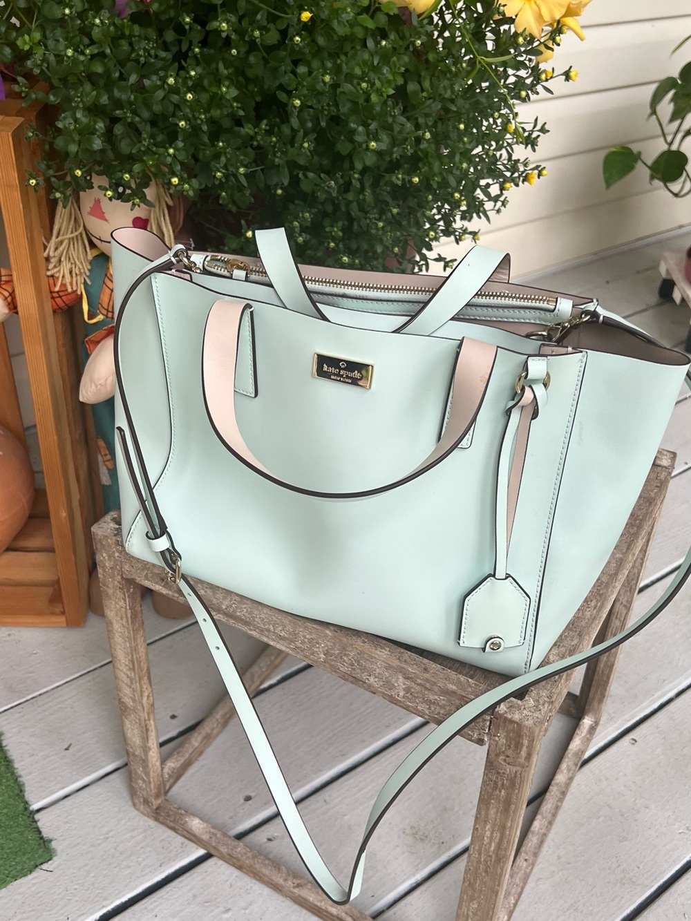 kate spade Mint Green Shoulder Tote with Pale Pink Trim